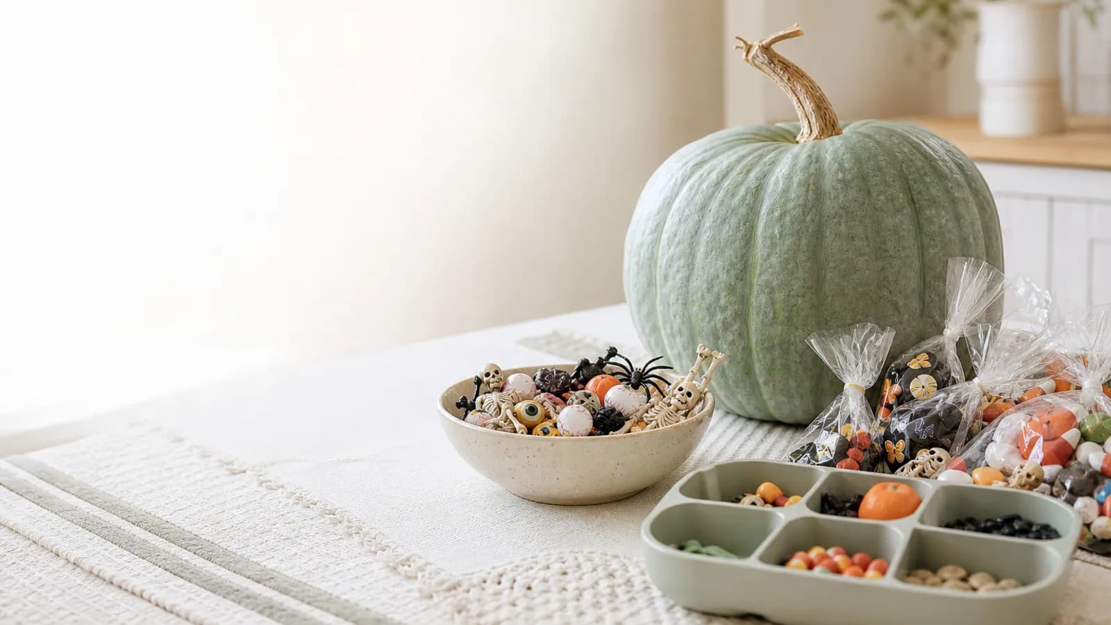 Teal pumpkin with non-food treats and sealed Halloween candy on a sorting tray