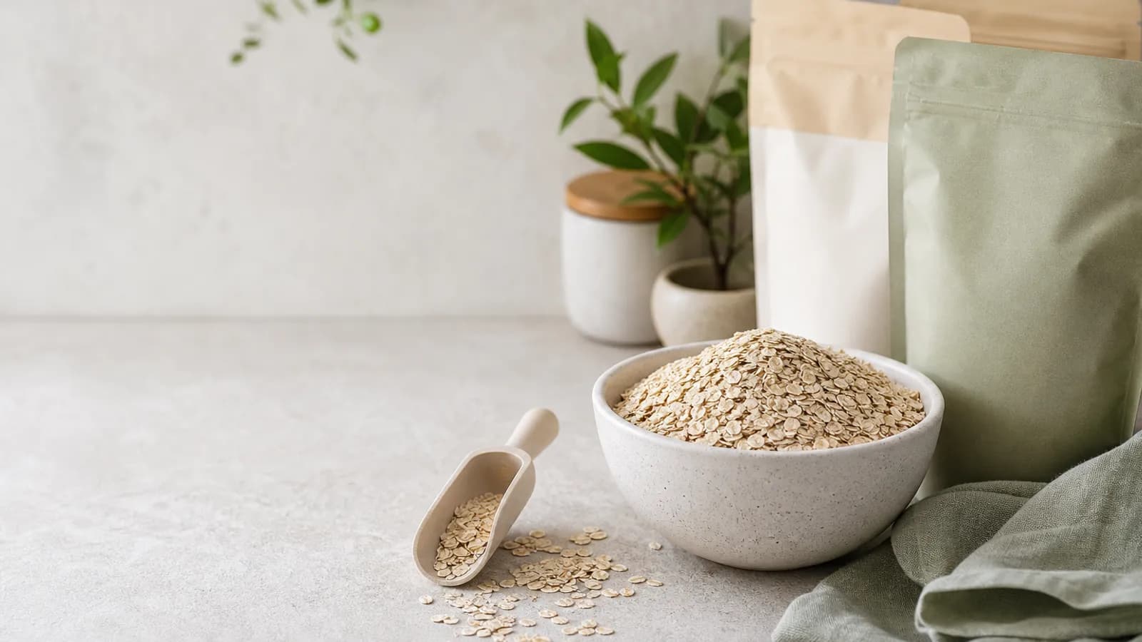 Bowl of oats with a scoop and plain packages on a kitchen counter