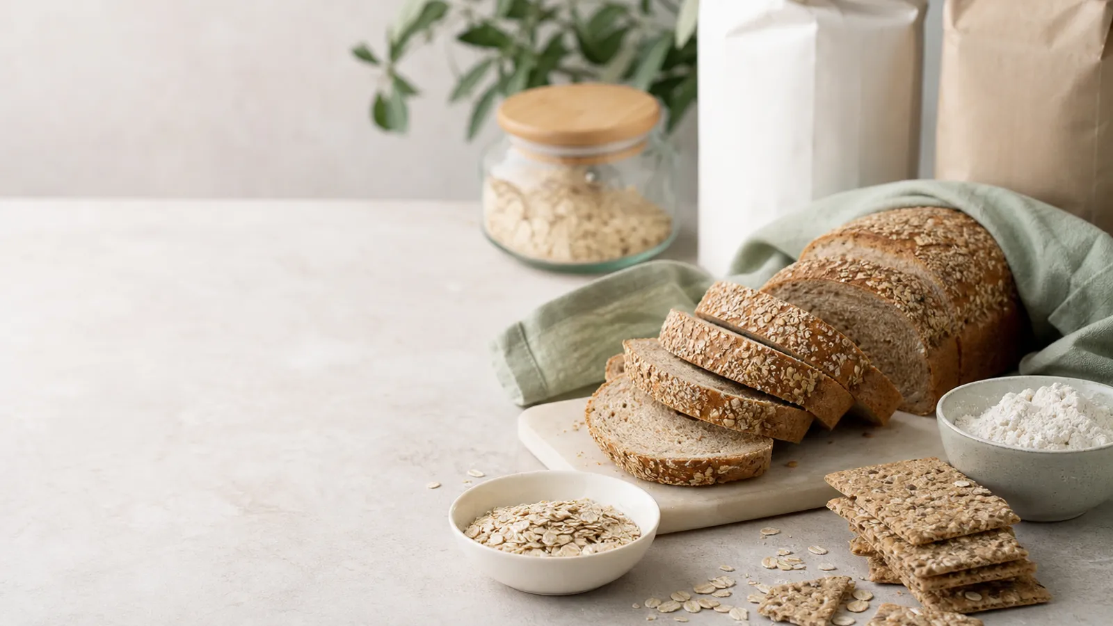 Bread, crackers, oats, and flour on a kitchen counter