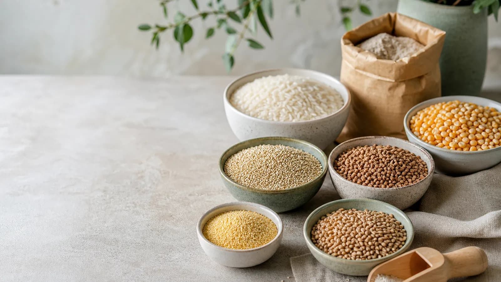 Bowls of grains with wheat separated from gluten-free options