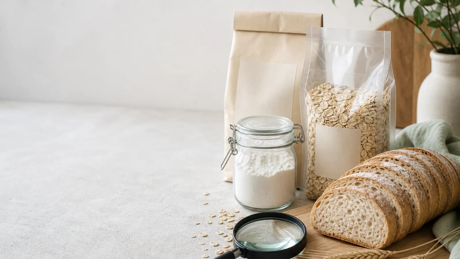 Bread, oats, wheat starch, and a magnifying glass on a kitchen counter