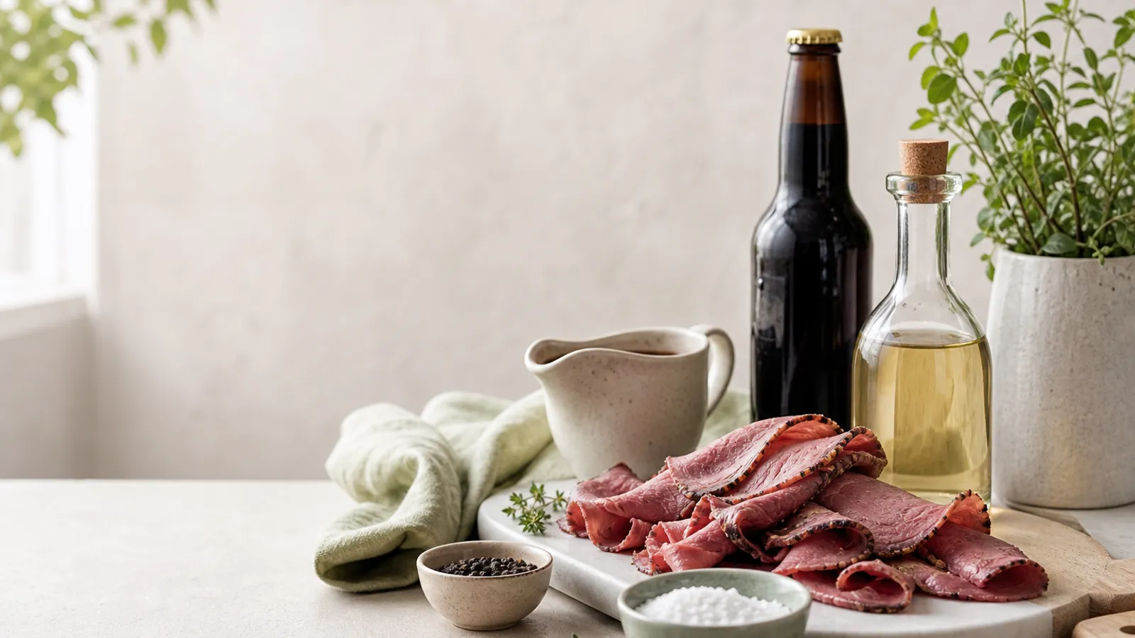 Seasonings, gravy, deli meat, beer bottle, and vinegar on a kitchen counter