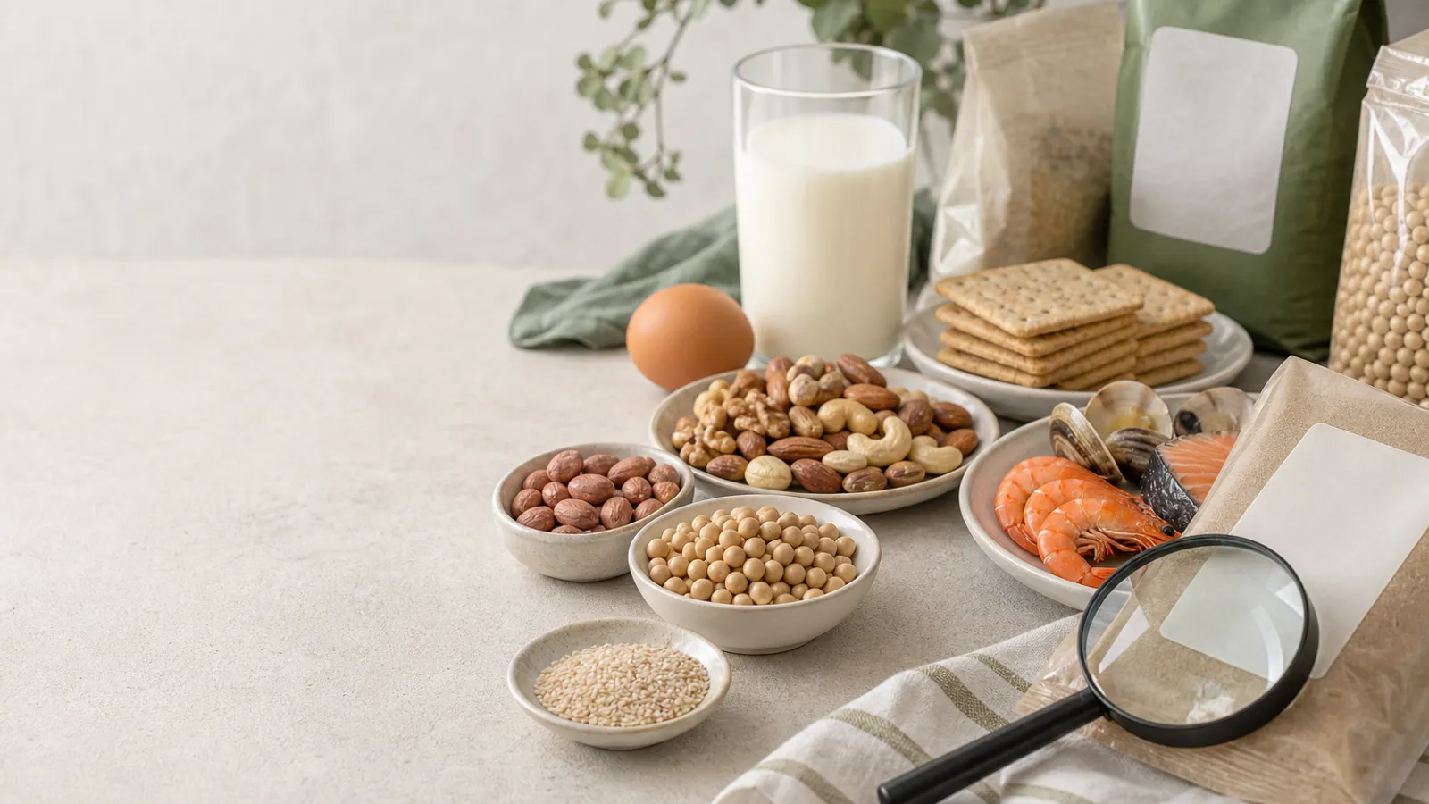 Common allergen foods on a kitchen counter with plain packaging and a magnifying glass