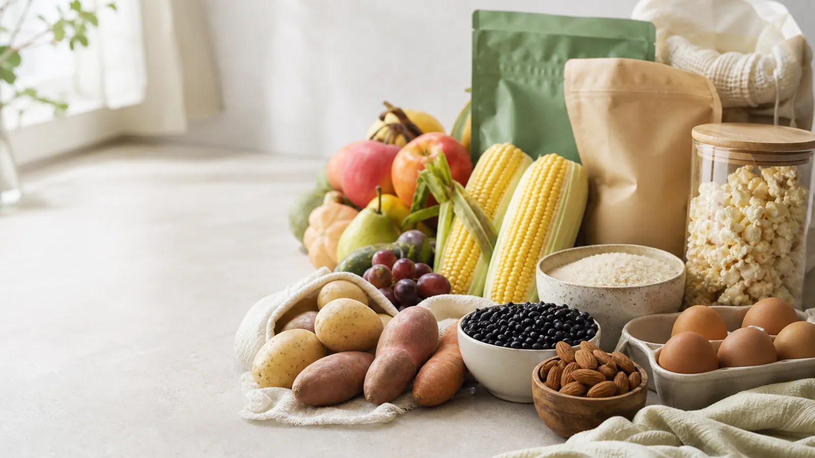 Plain fruit, vegetables, rice, corn, potatoes, eggs, beans, nuts, and popcorn on a counter