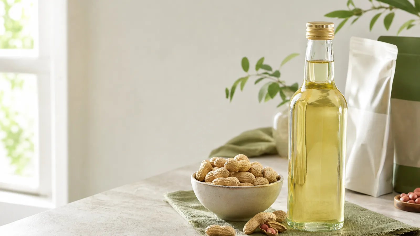 Bottle of cooking oil with peanuts and unlabeled snack packages