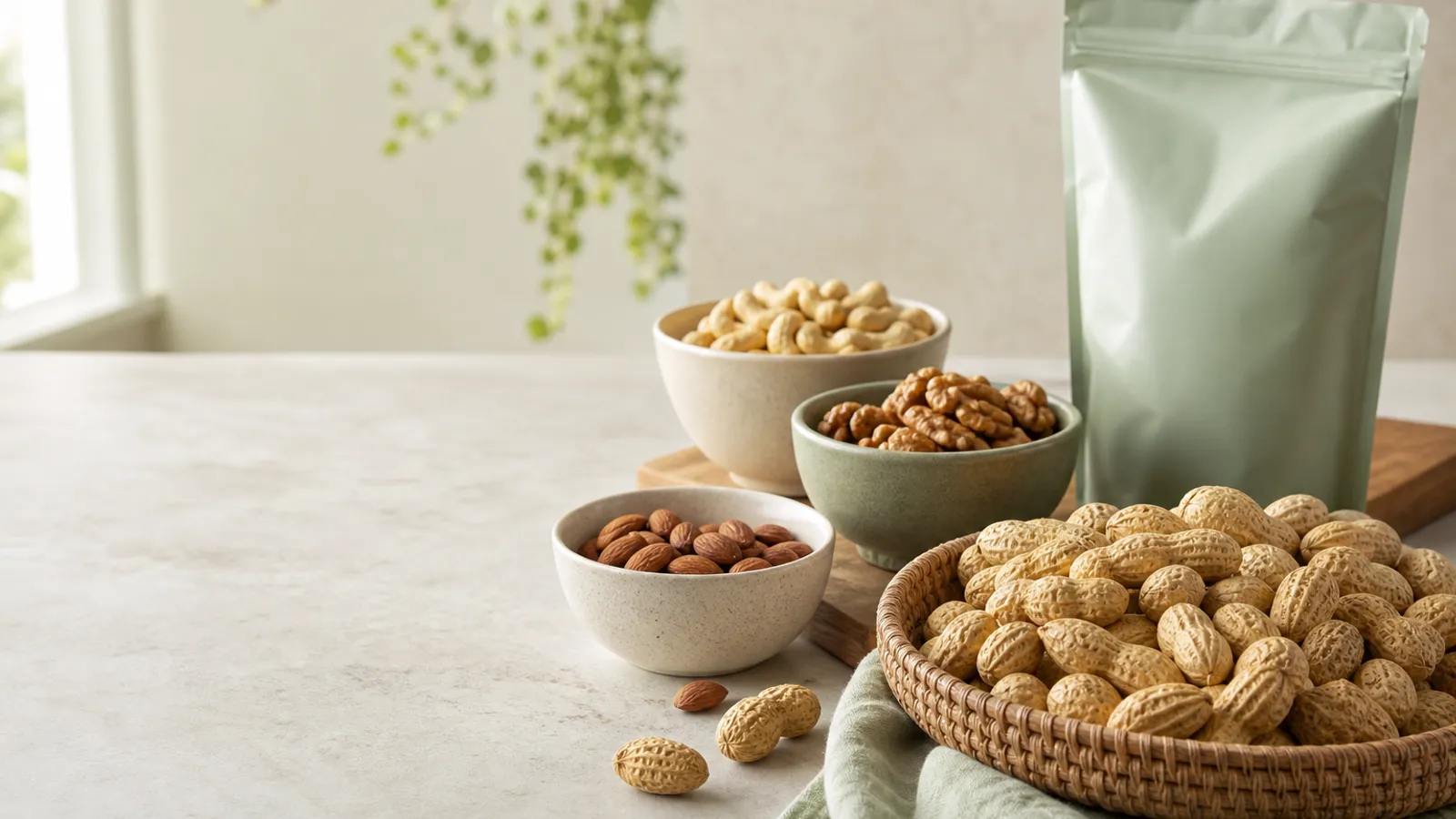 Peanuts beside bowls of almonds, walnuts, and cashews