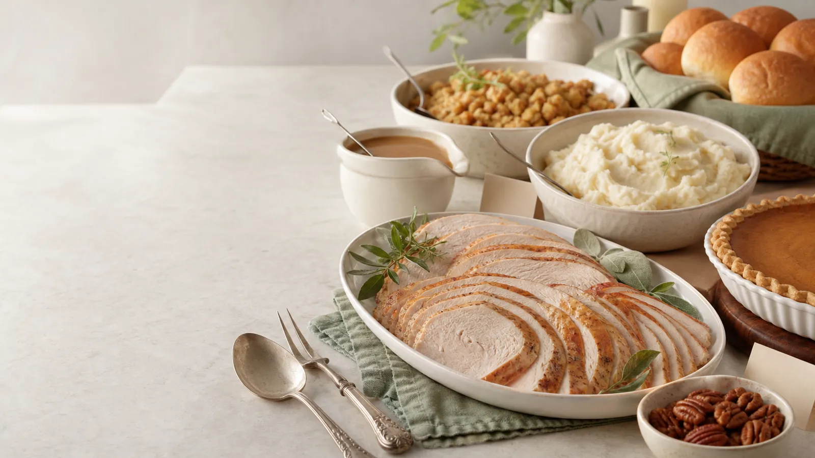 Thanksgiving foods with separate utensils and ingredient packages on a kitchen counter