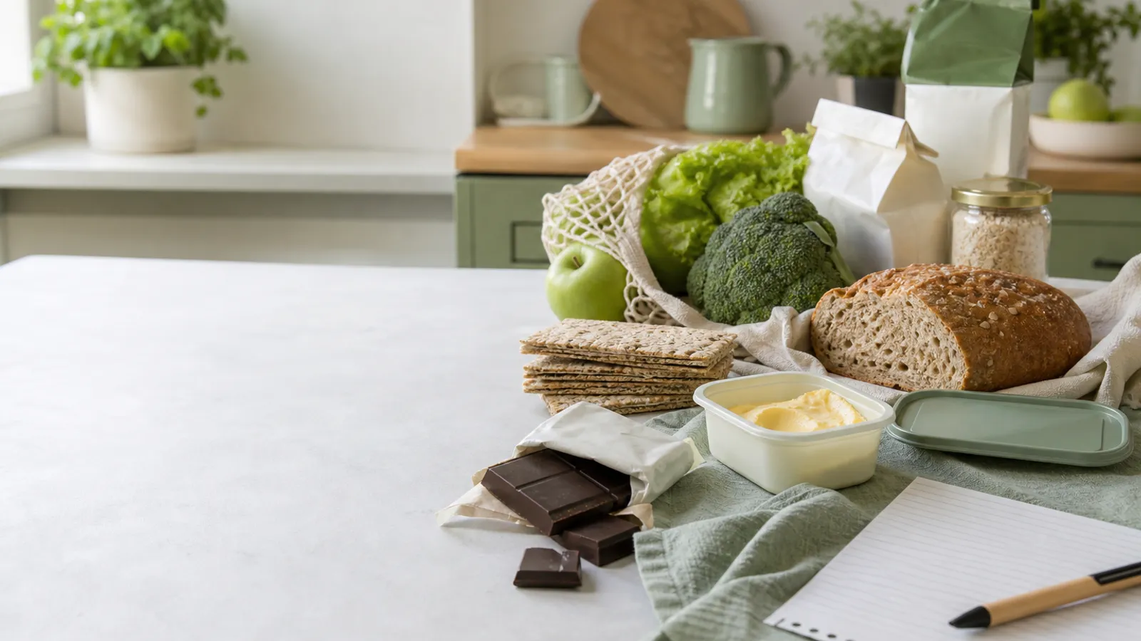 Grocery items and a checklist on a kitchen counter