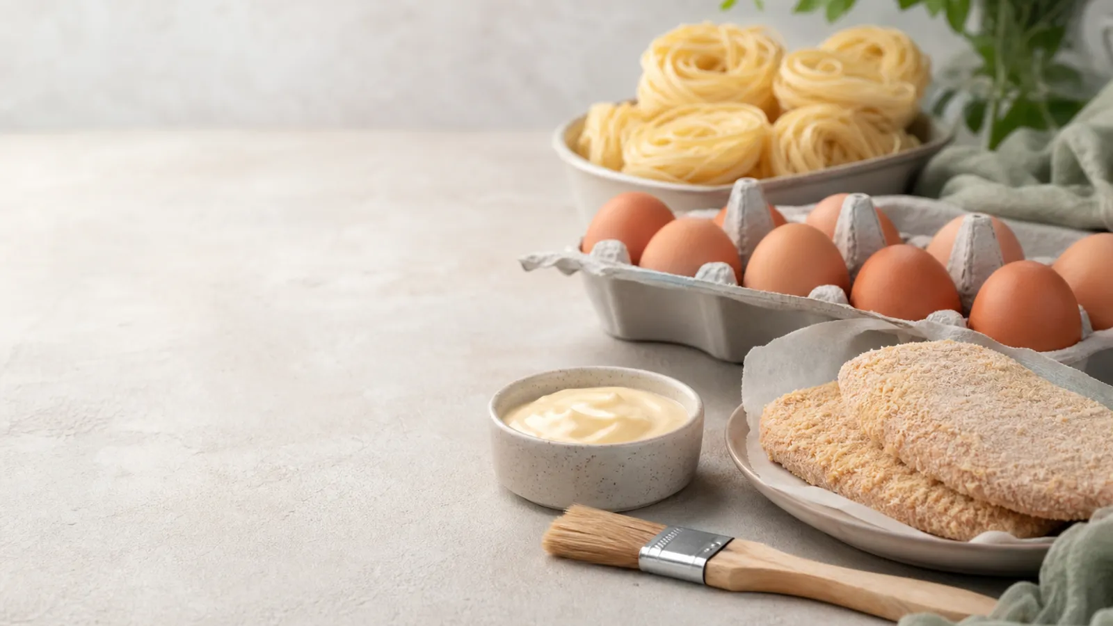 Eggs, pasta, breading, mayonnaise, and a pastry brush on a counter