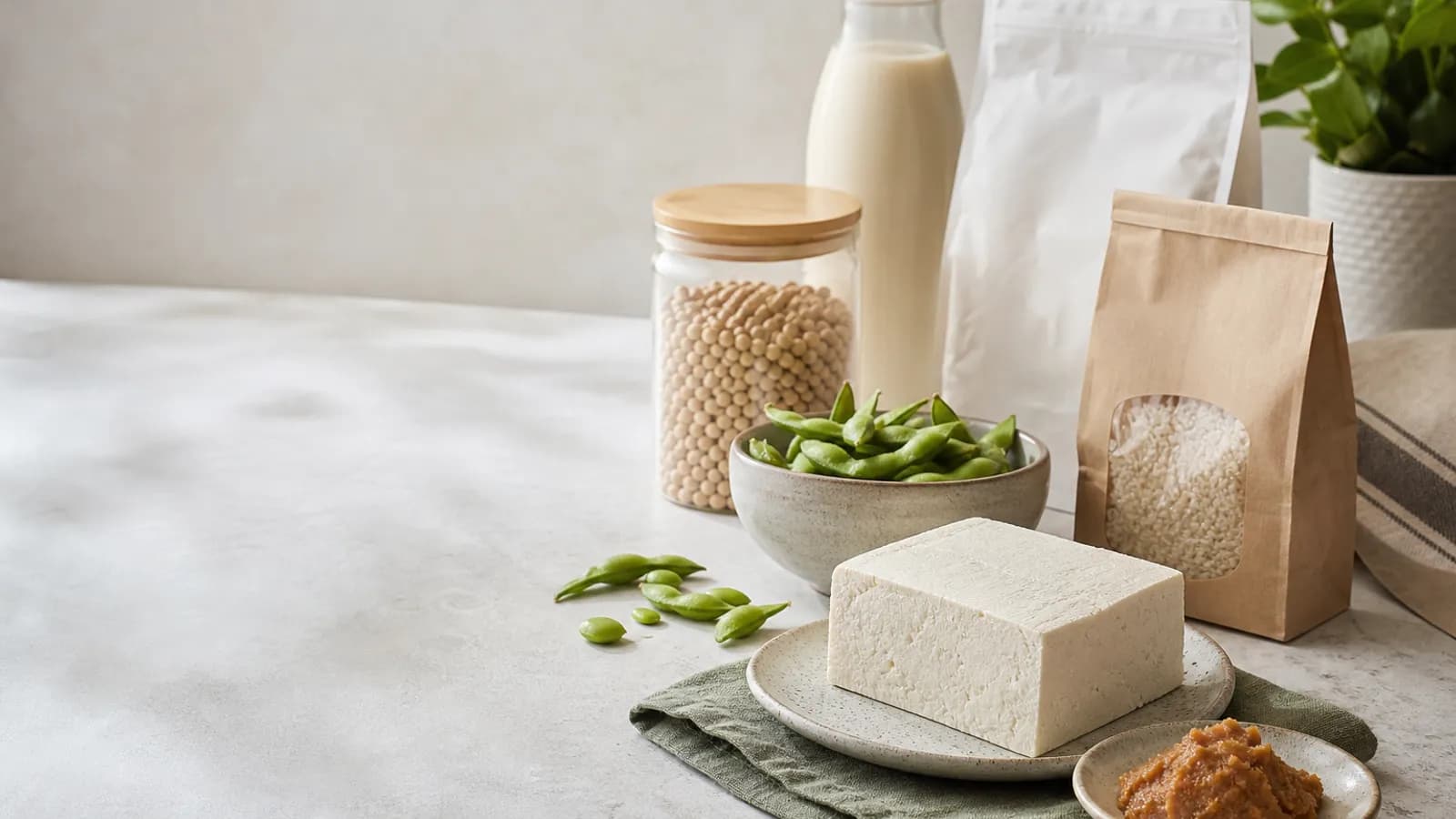 Tofu, edamame, miso, and packaged foods on a kitchen counter
