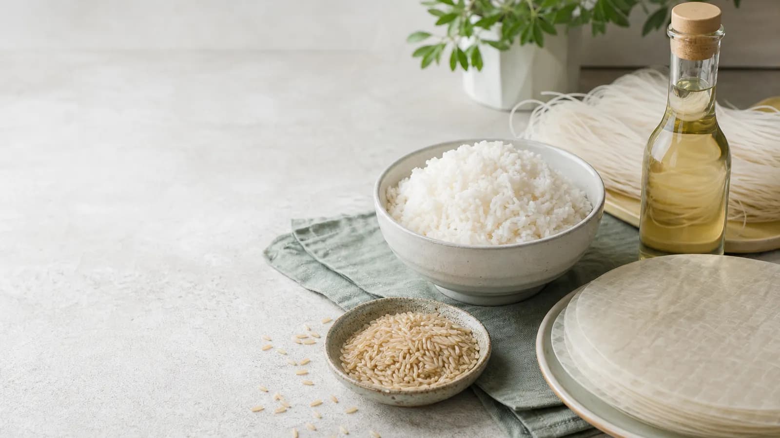 Rice, rice paper, rice noodles and rice vinegar on a kitchen counter