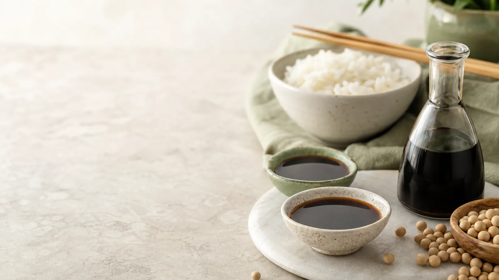 Bowls of soy sauce and tamari with rice, chopsticks, and soybeans