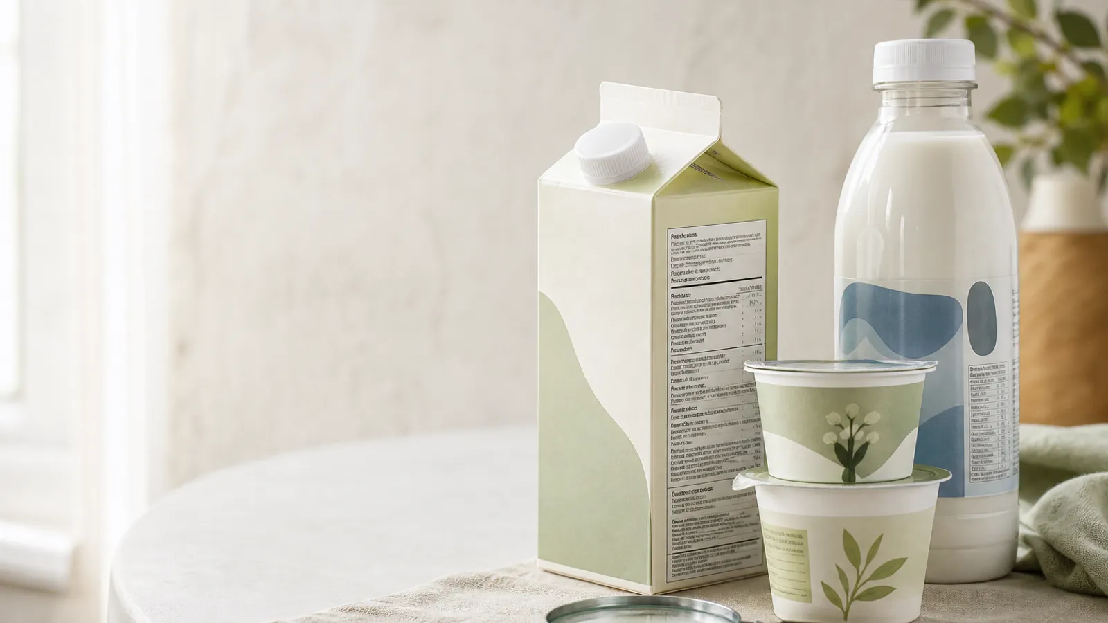 Lactose-free milk, creamer, plant-based yogurt, and a magnifying glass on a table
