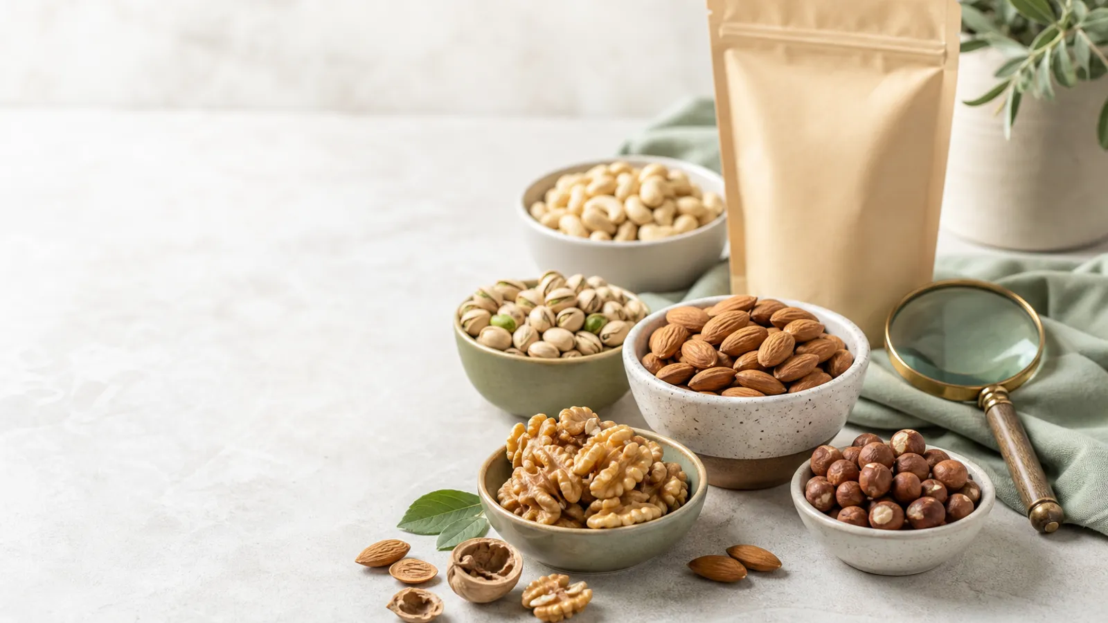 Assorted tree nuts, magnifying glass, and plain snack package on a counter